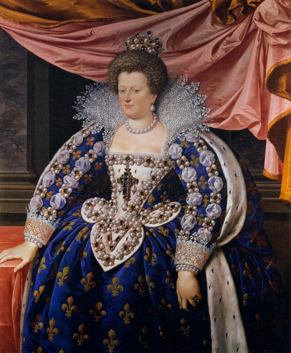 Portrait de Marie de Médicis portant une parure complète de perles et des perles brodées sur sa robe