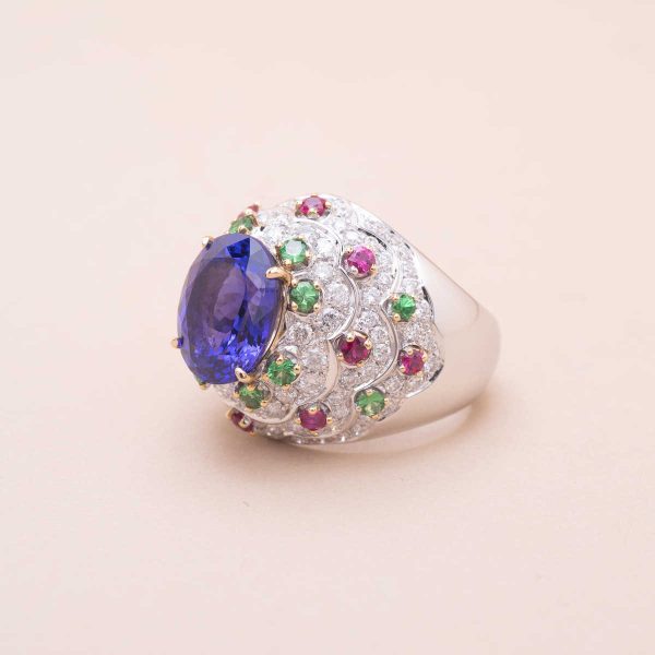 Bague Dôme Tanzanite Rubis Tsavorites