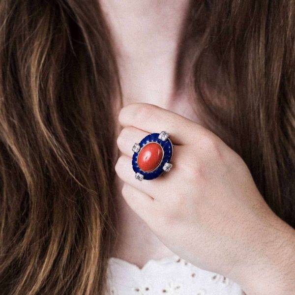 761256_Bague cocktail_or rose_lapis lazuli_corail