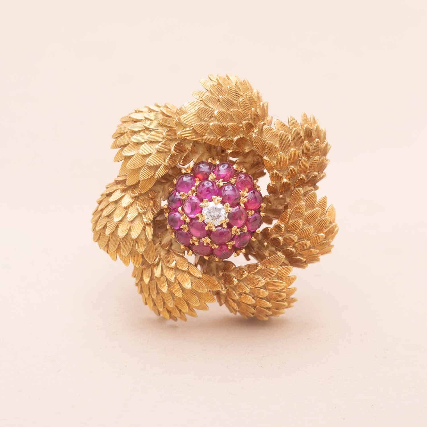 Broche Vintage Écailles Rubis Diamant